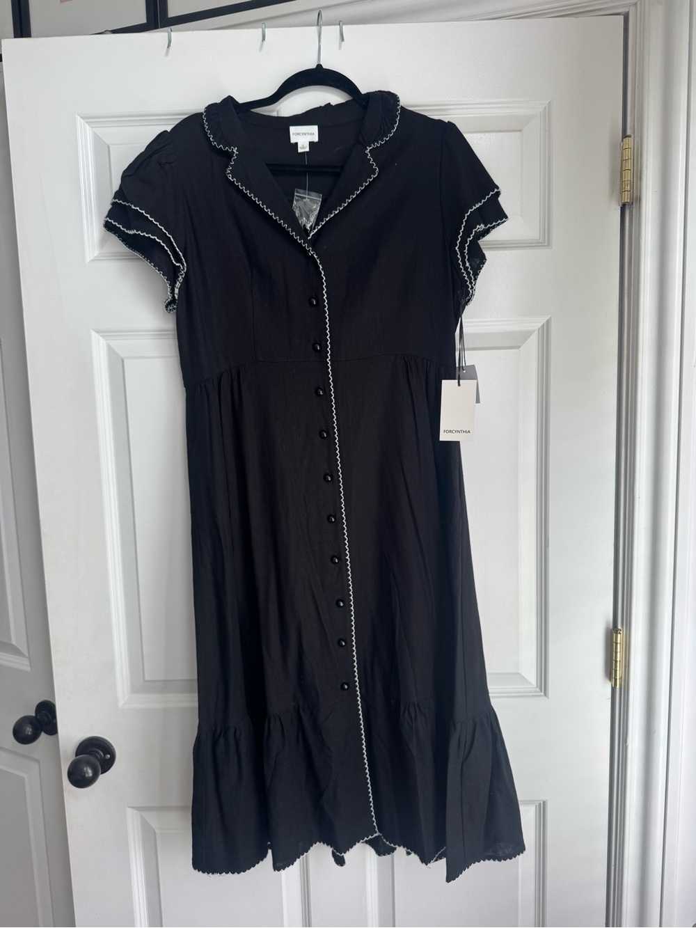 For Cynthia Black Midi Dress with White Scallop Trim